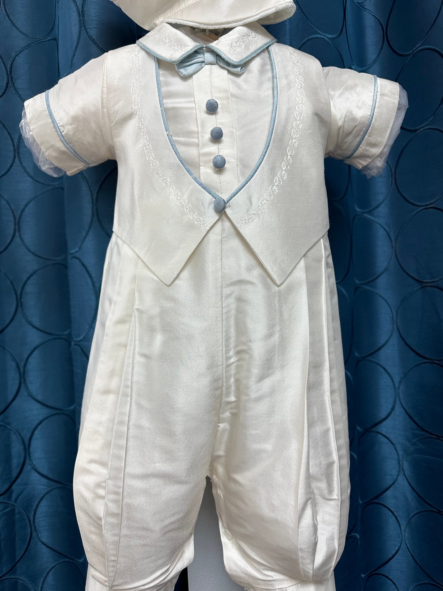 Blue Frank by Piccolo Bacio - Silk Classic Boys One Piece Outfit with Blue Piping