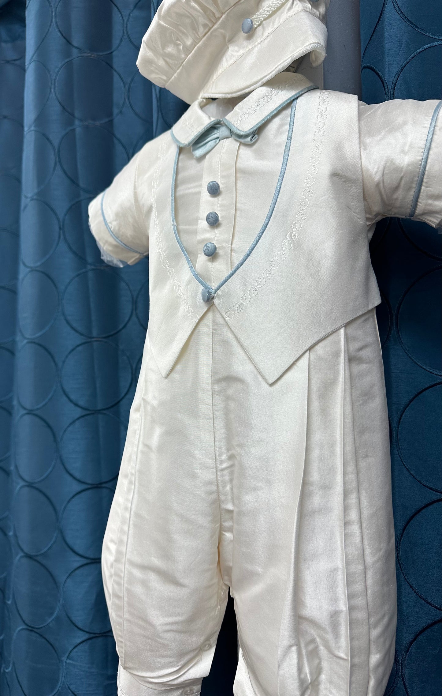 Blue Frank by Piccolo Bacio - Silk Classic Boys One Piece Outfit with Blue Piping