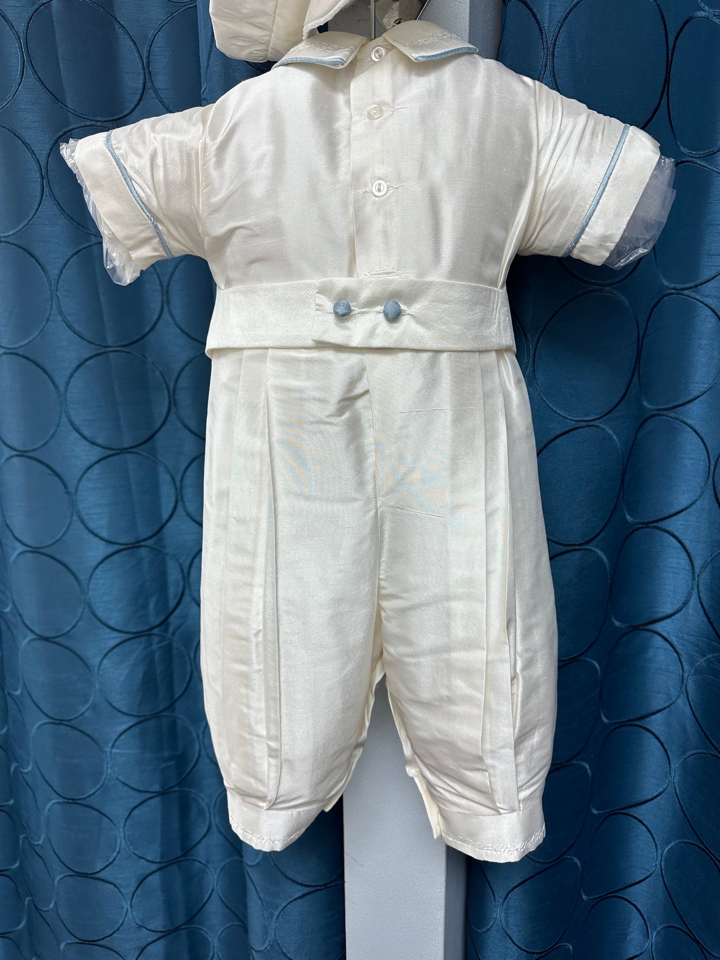 Blue Frank by Piccolo Bacio - Silk Classic Boys One Piece Outfit with Blue Piping