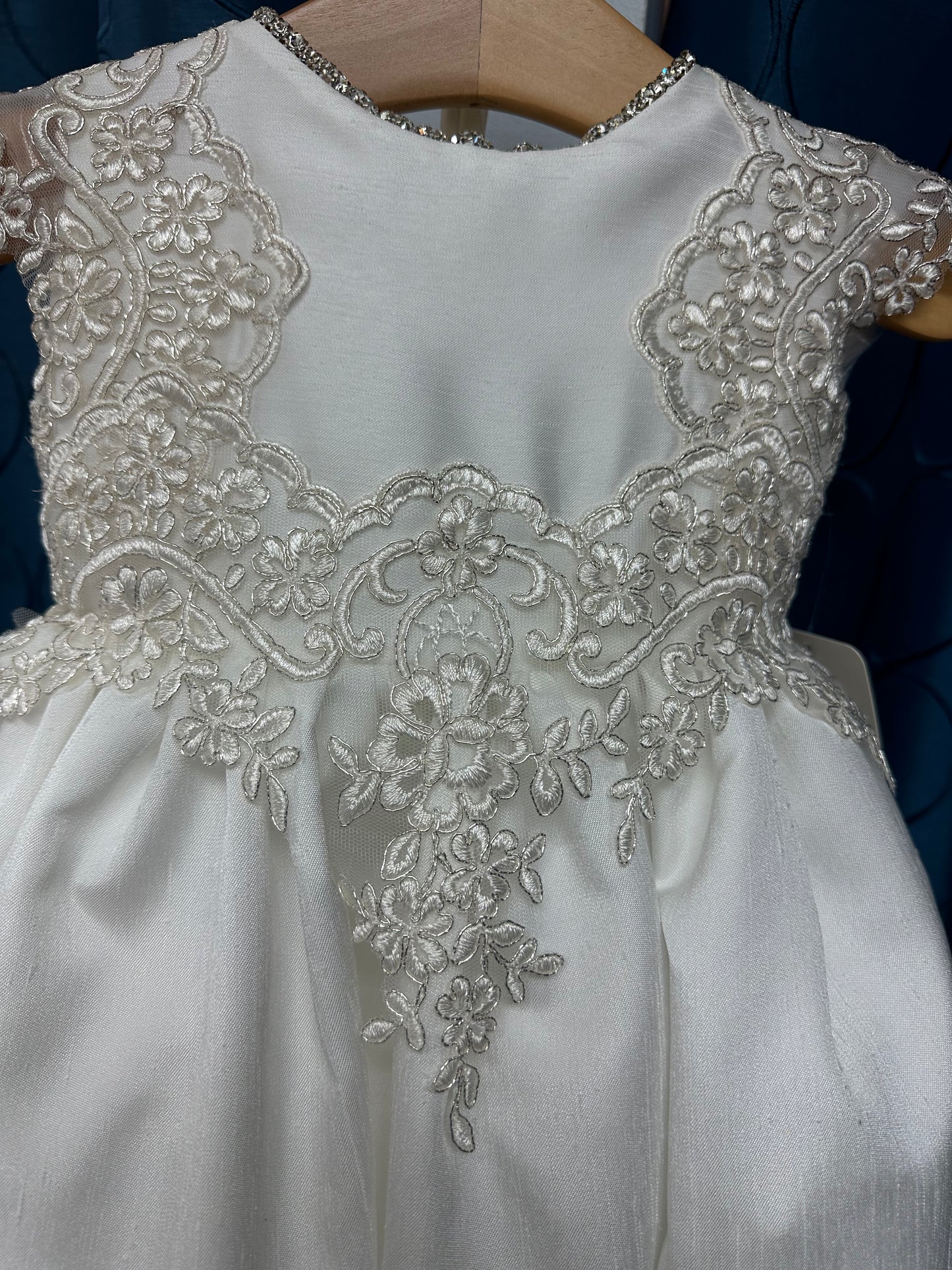 Maggie by Piccolo Bacio - Beautiful diamond white shantung heirloom gown