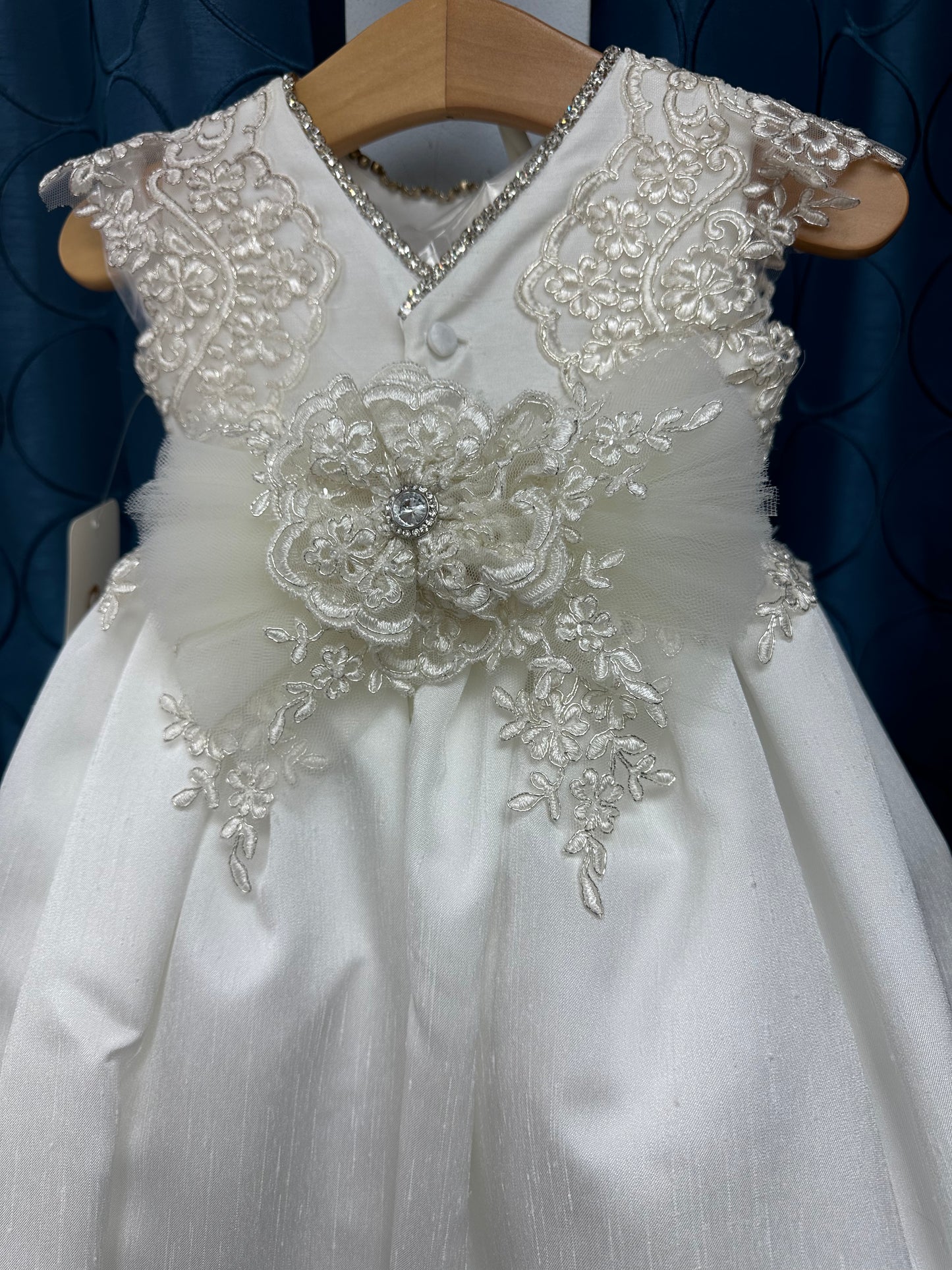 Maggie by Piccolo Bacio - Beautiful diamond white shantung heirloom gown