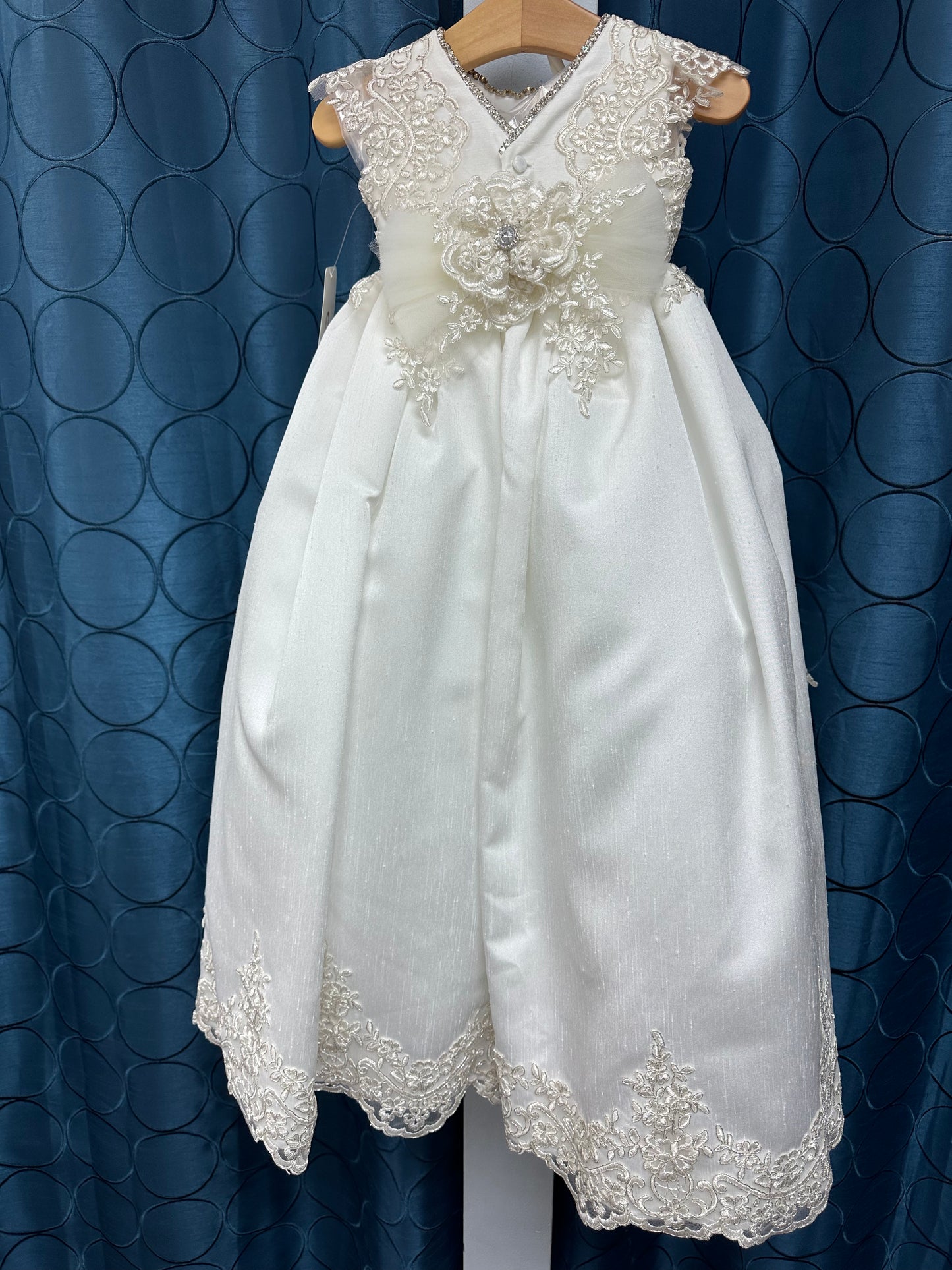 Maggie by Piccolo Bacio - Beautiful diamond white shantung heirloom gown