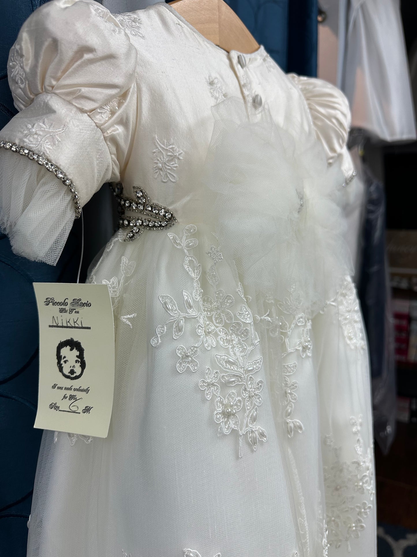 Nikki by Piccolo Bacio - Elegant couture silk with lace and tulle heirloom gown