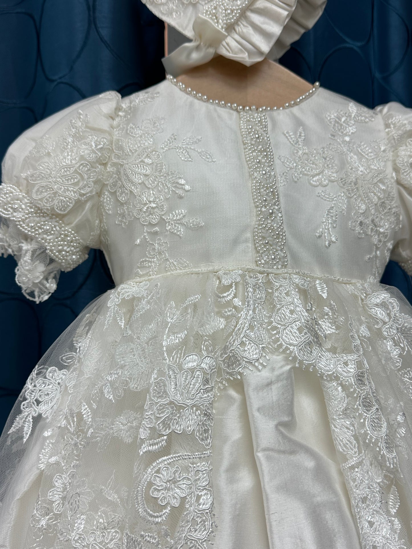 Marcella by Piccolo Bacio - Beautiful silk and lace couture heirloom gown