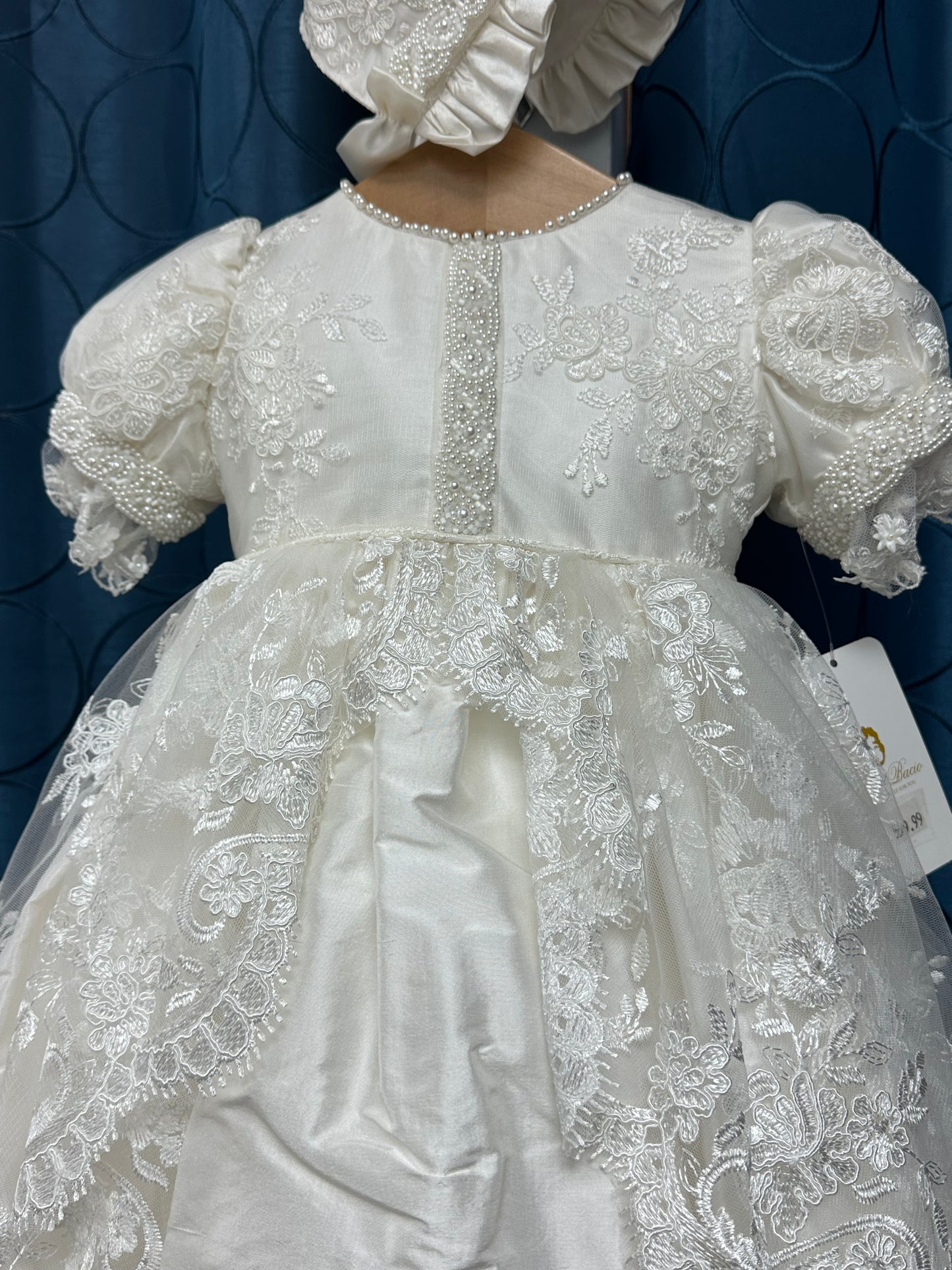 Marcella by Piccolo Bacio - Beautiful silk and lace couture heirloom gown