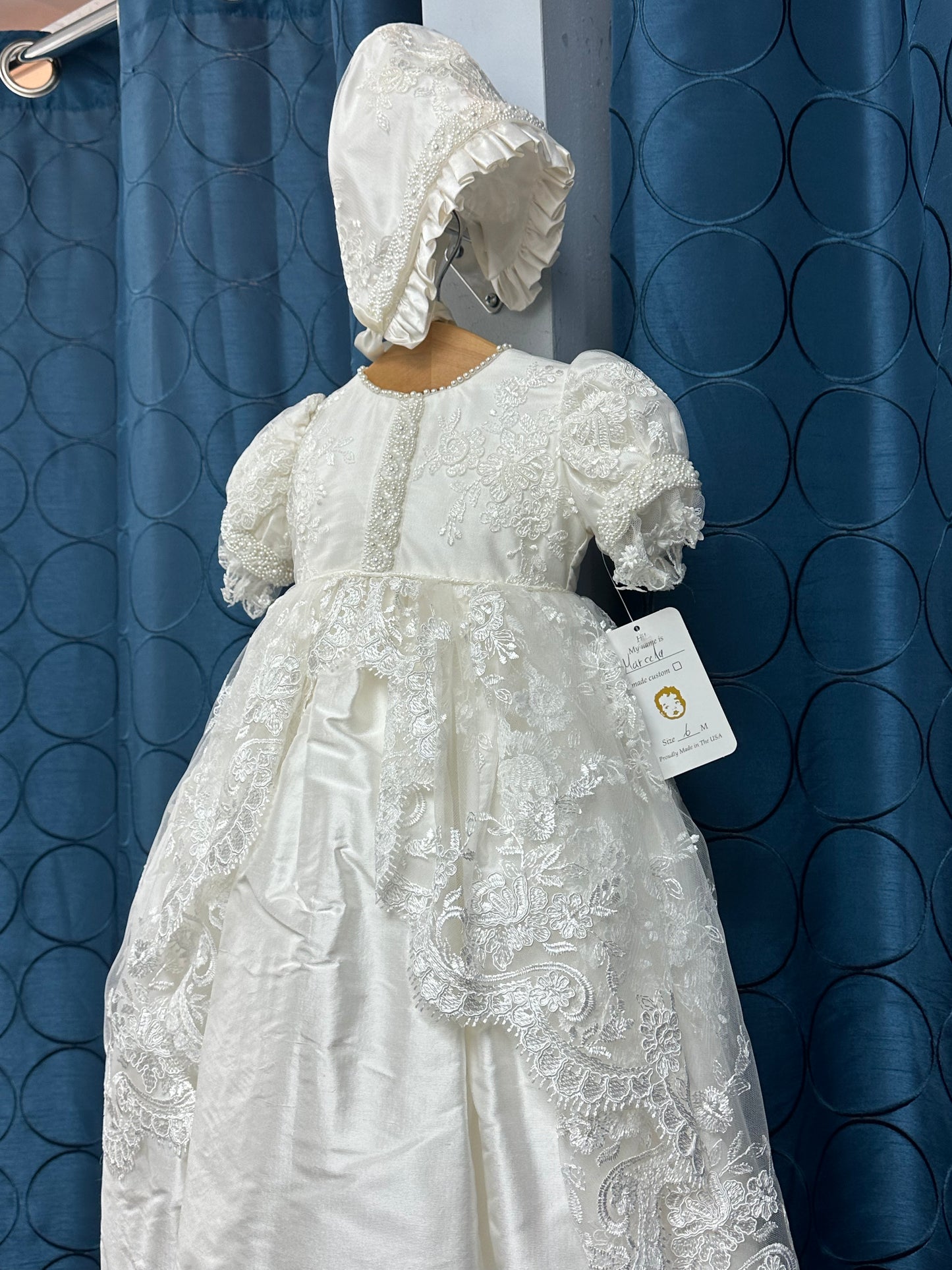 Marcella by Piccolo Bacio - Beautiful silk and lace couture heirloom gown