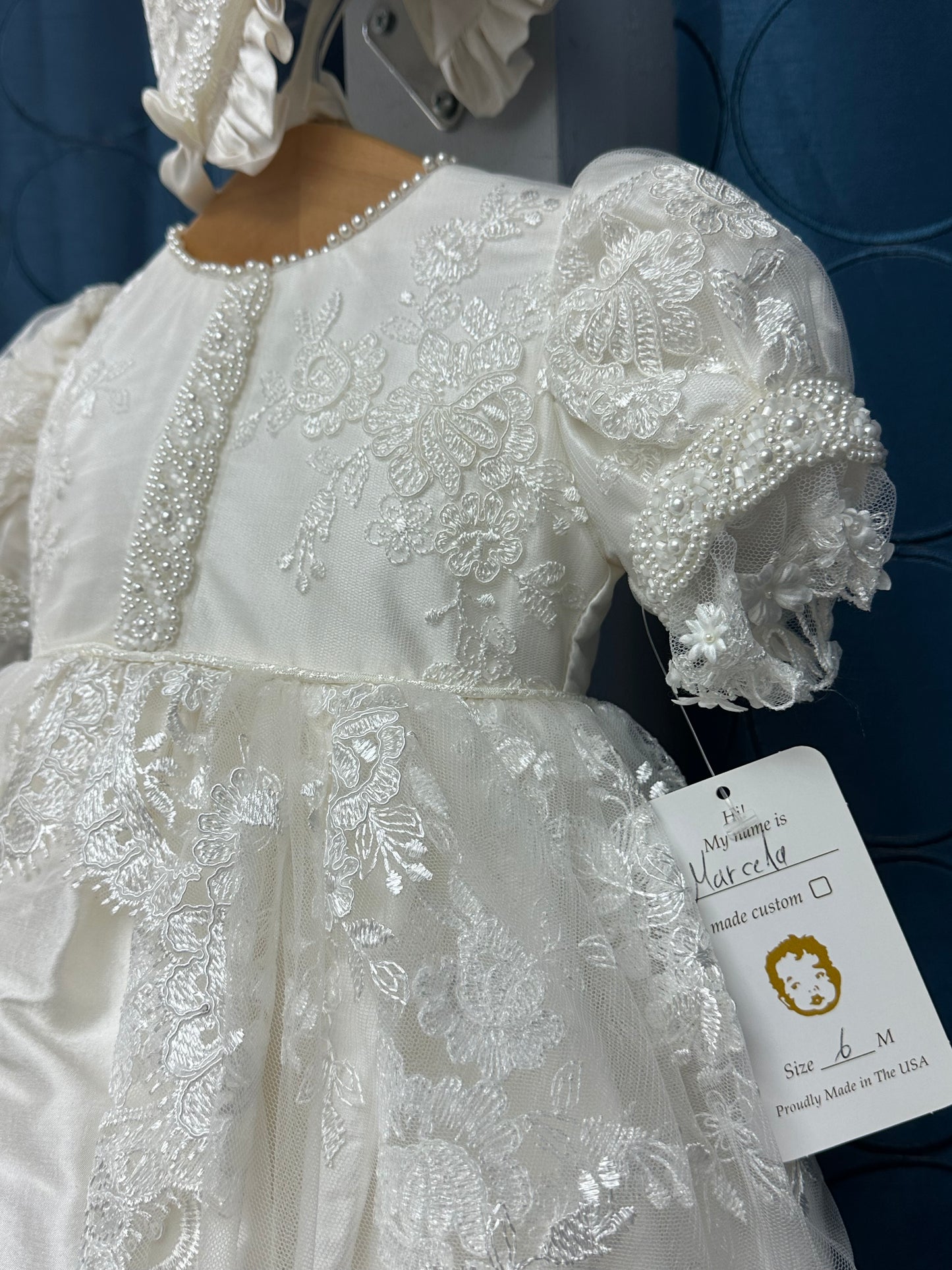 Marcella by Piccolo Bacio - Beautiful silk and lace couture heirloom gown