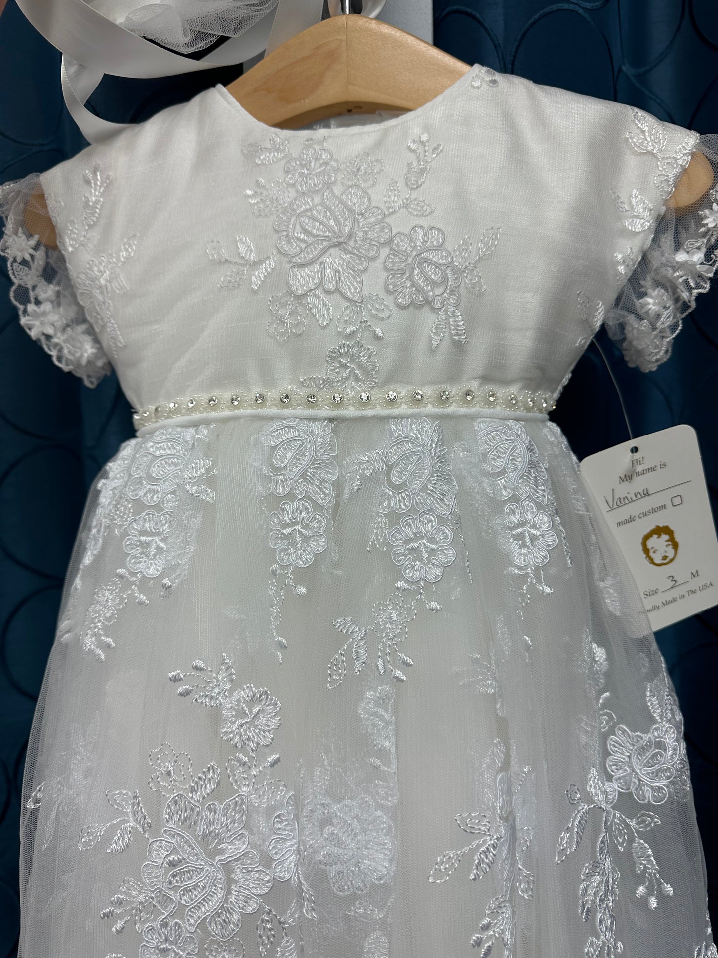 Vanina by Piccolo Bacio - Elegant couture shantung gown with lace overlay