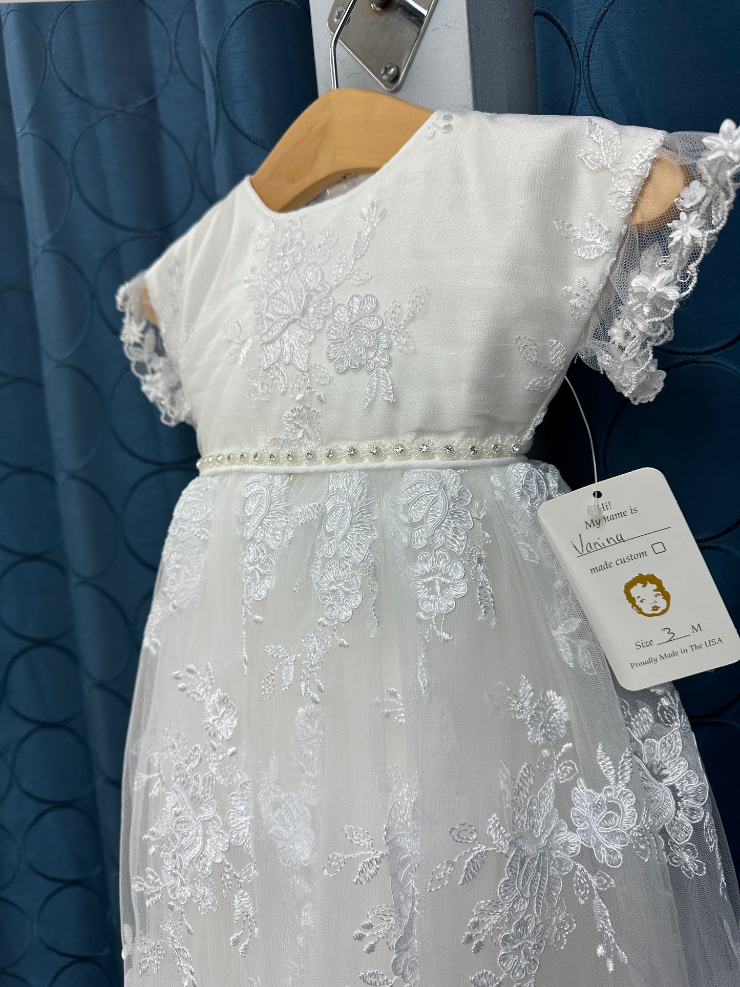 Vanina by Piccolo Bacio - Elegant couture shantung gown with lace overlay