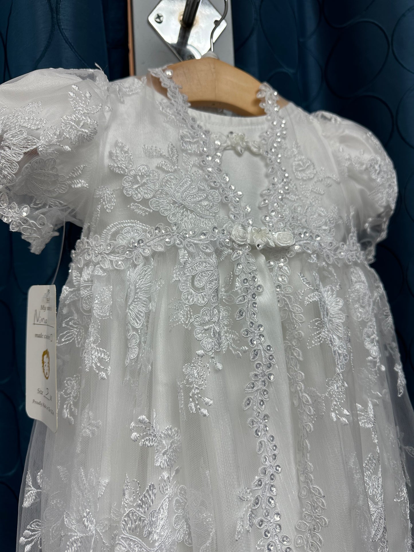 Nina by Piccolo Bacio - Beautiful pure white shantung with lace coat heirloom gown