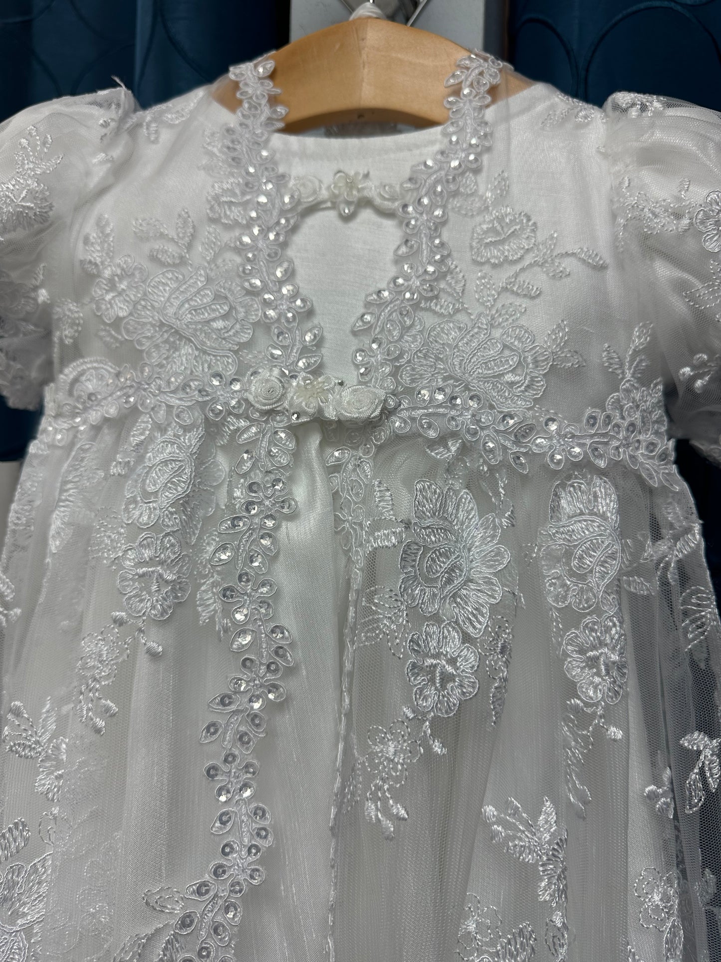 Nina by Piccolo Bacio - Beautiful pure white shantung with lace coat heirloom gown