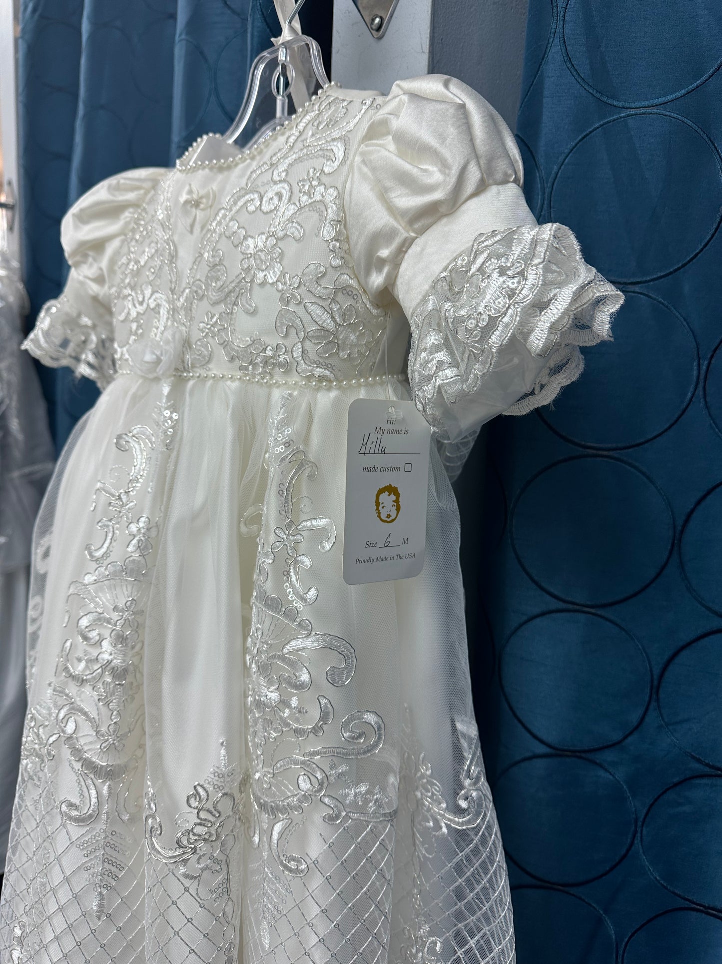 Milla by Piccolo Bacio - Elegant couture silk with metallic lace and tulle heirloom gown