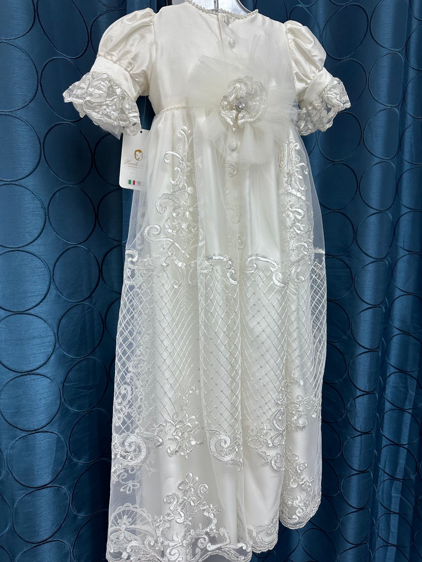 Milla by Piccolo Bacio - Elegant couture silk with metallic lace and tulle heirloom gown