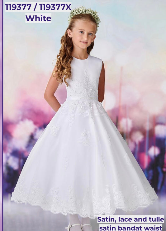 Joan Calabrese - White Satin Lace and Tulle A Line Communion Dress 119377