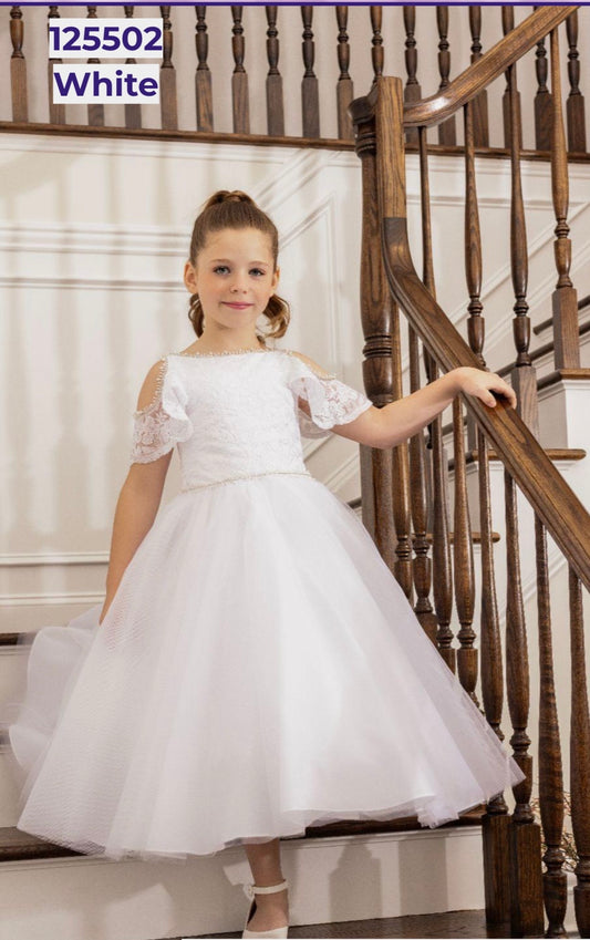 Joan Calabrese - White Lace Bodice with Cold Shoulder and Tulle Skirt Beautiful Communion Dress 125502