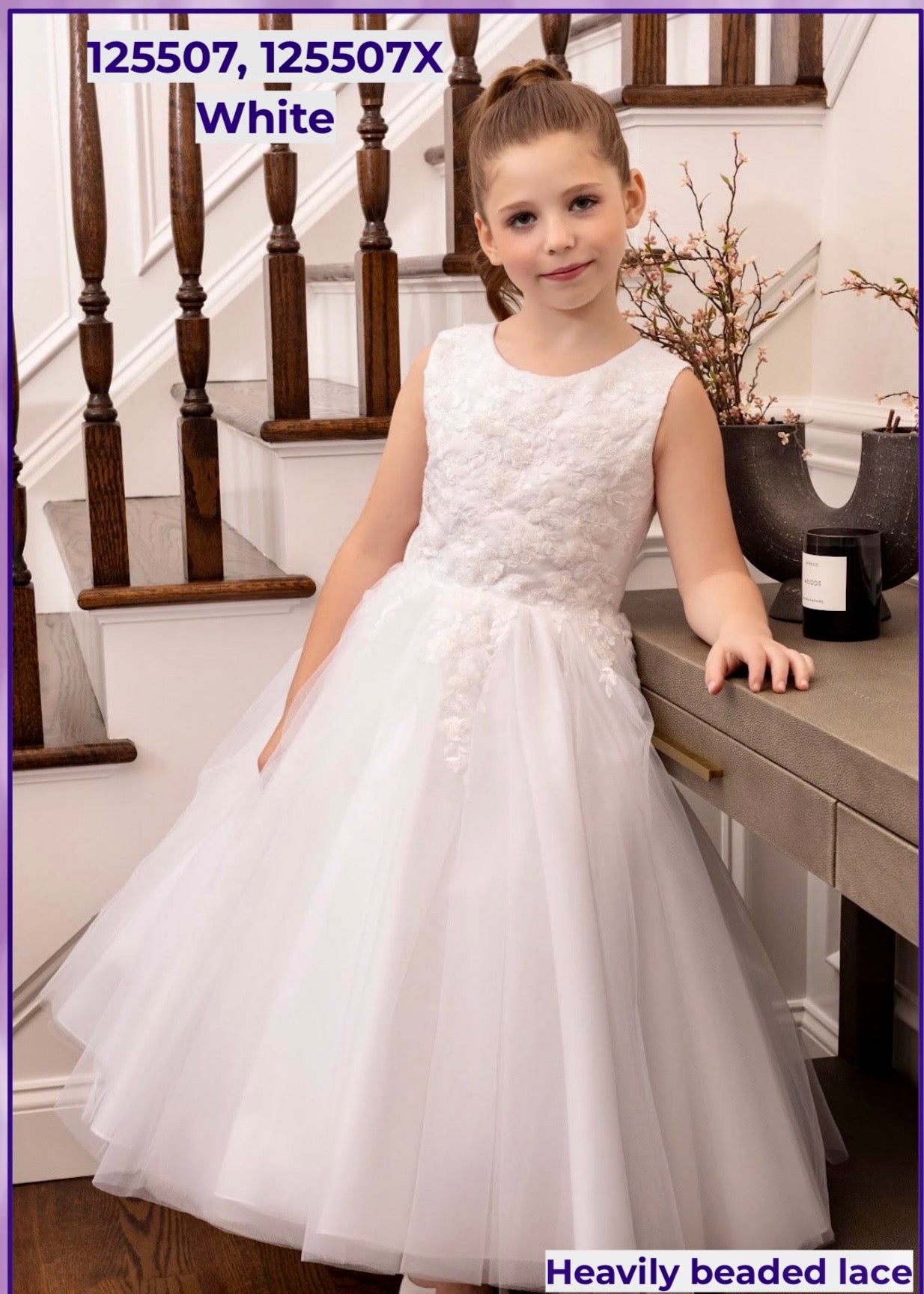 Joan Calabrese - White Satin Beaded Lace Bodice and Tulle Skirt Communion Dress 125507