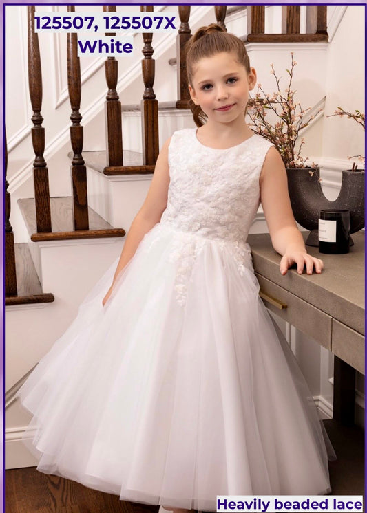 Joan Calabrese - White Satin Beaded Lace Bodice and Tulle Skirt Communion Dress 125507