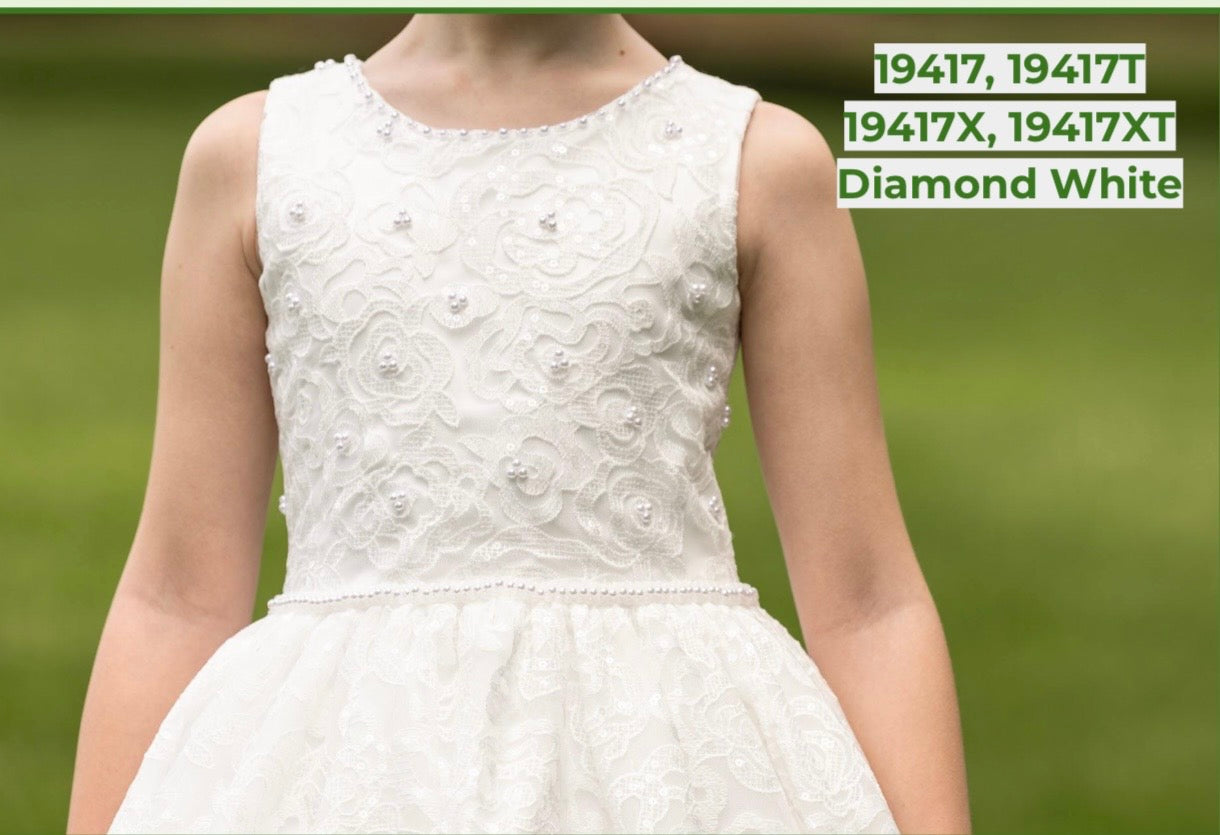 Macis Design -  Allover Rose Lace Diamond White Full Length Communion Gown 19417