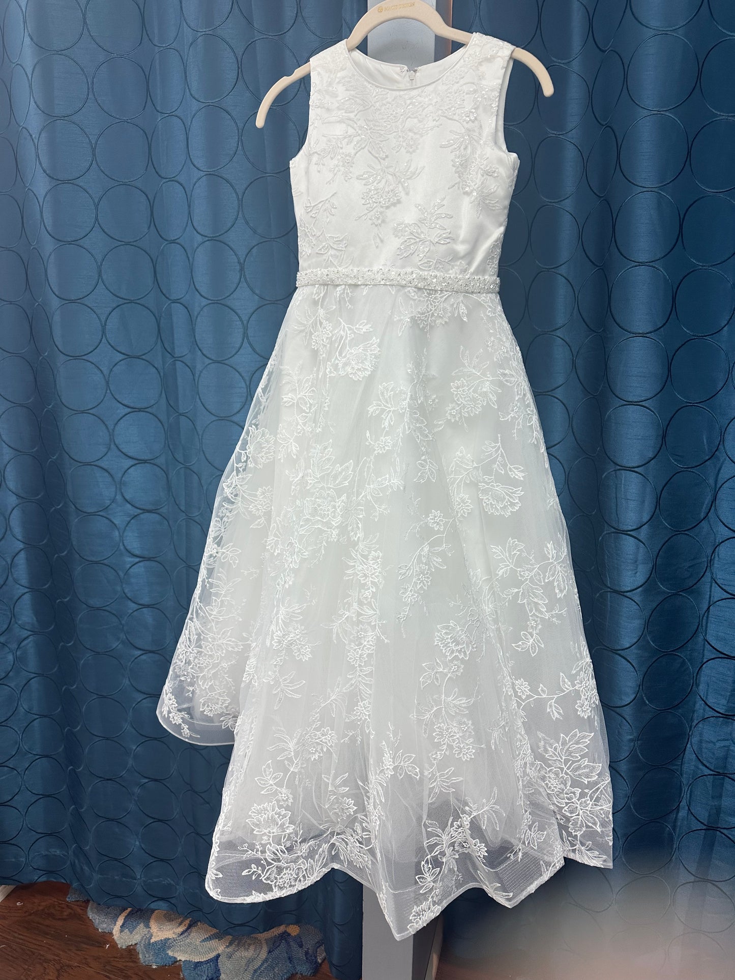 Macis Design - Allover Lace Diamond White Tea-Length Communion Gown 19423T