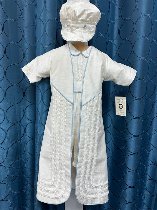 Prince Blue by Piccolo Bacio boys one piece outfit with cording detail, extra long jacket