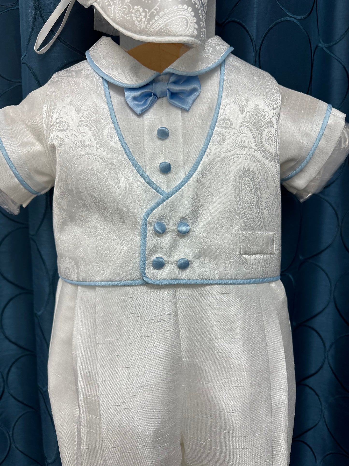 Blue Gerry by Piccolo Bacio - Classic Boys One Piece White Shantung Outfit with Blue Piping