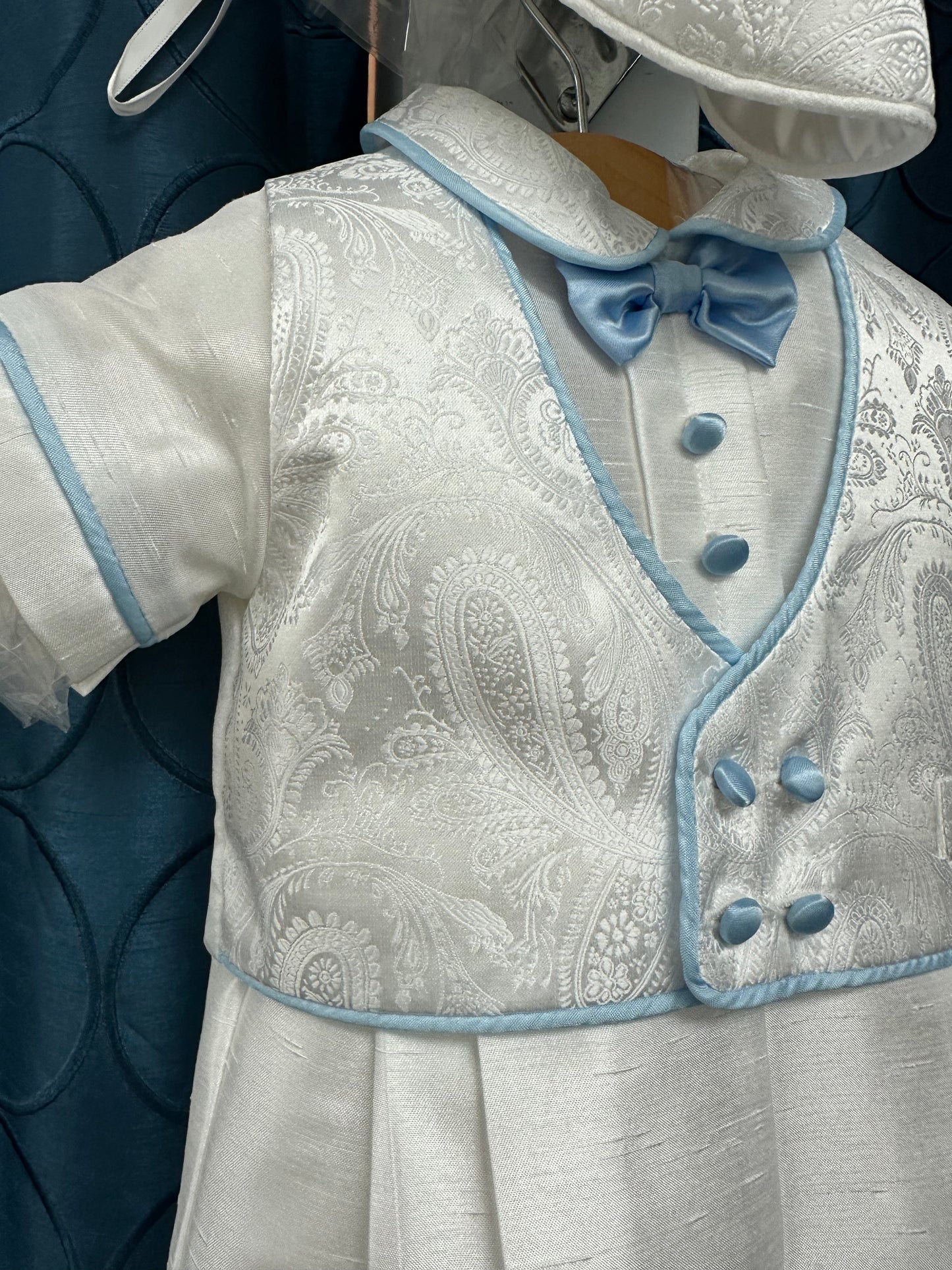 Blue Gerry by Piccolo Bacio - Classic Boys One Piece White Shantung Outfit with Blue Piping