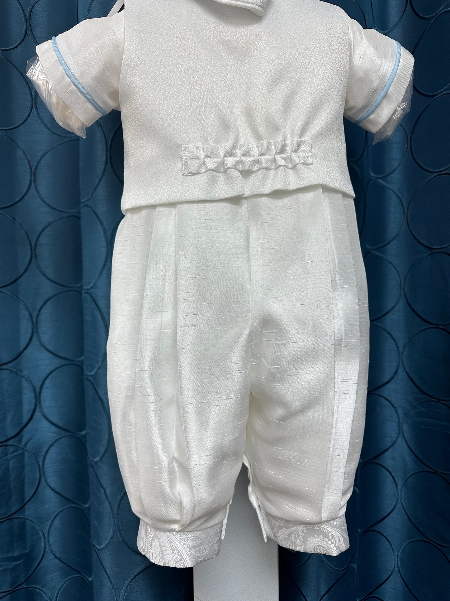 Blue Gerry by Piccolo Bacio - Classic Boys One Piece White Shantung Outfit with Blue Piping