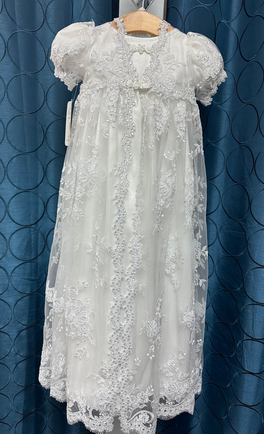 Nina by Piccolo Bacio  - Beautiful pure white shantung with lace coat heirloom gown