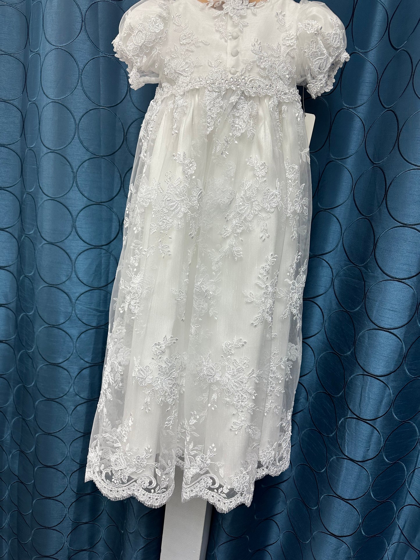 Nina by Piccolo Bacio  - Beautiful pure white shantung with lace coat heirloom gown