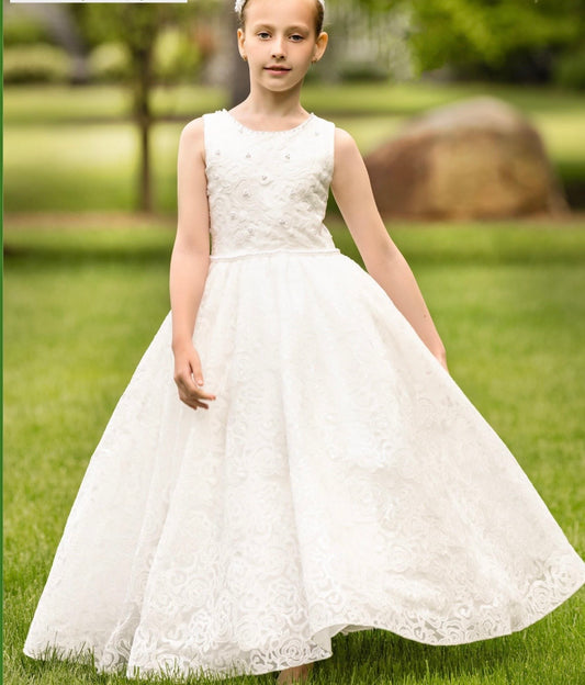 Macis Design -  Allover Rose Lace Diamond White Full Length Communion Gown 19417