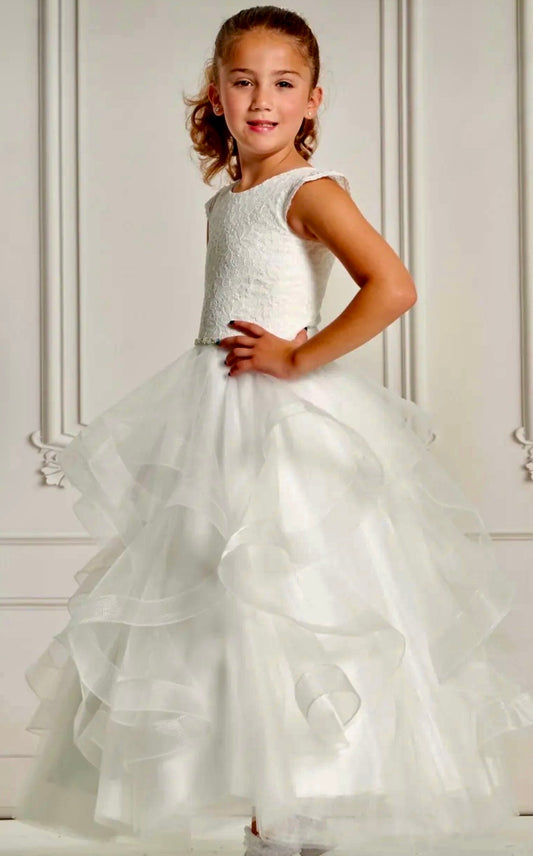 Macis Design -  Elegante Lace Bodice Tea-Length White Communion Dress 1989T