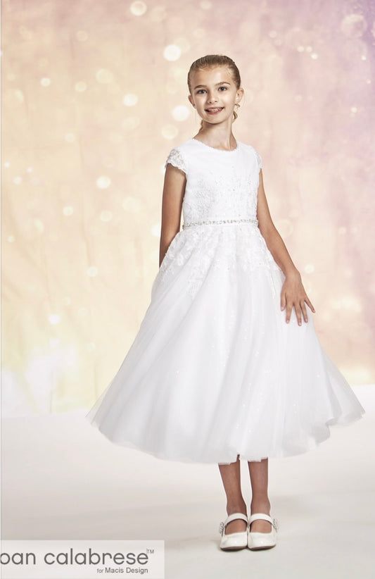 Joan Calabrese - White Lace Bodice with Illusion Lace Cap Sleeve and Tulle Skirt Communion Dress 123304