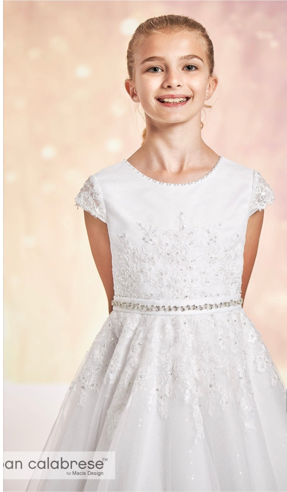 Joan Calabrese - White Lace Bodice with Illusion Lace Cap Sleeve and Tulle Skirt Communion Dress 123304