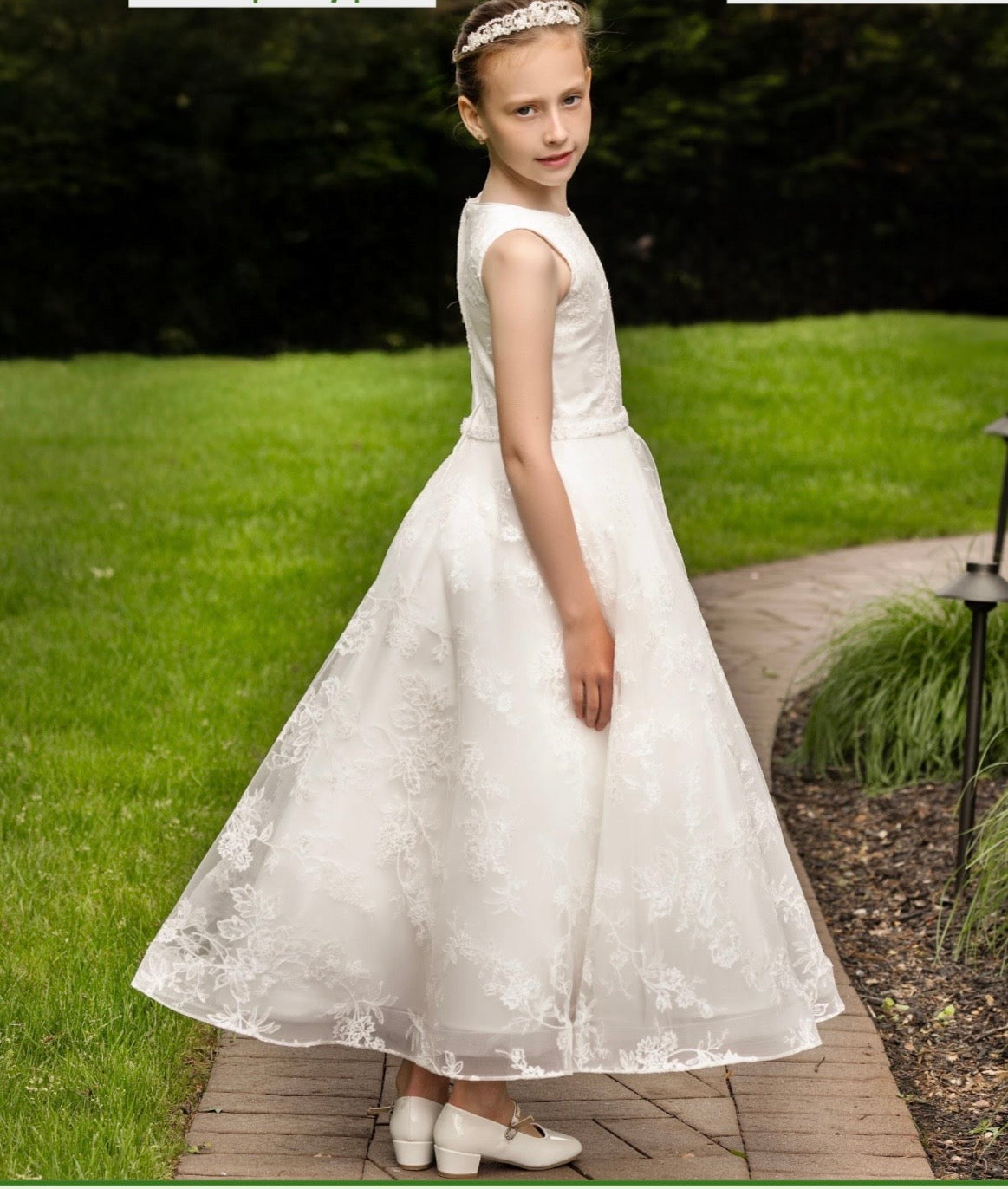 Macis Design - Allover Lace Diamond White Tea-Length Communion Gown 19423T