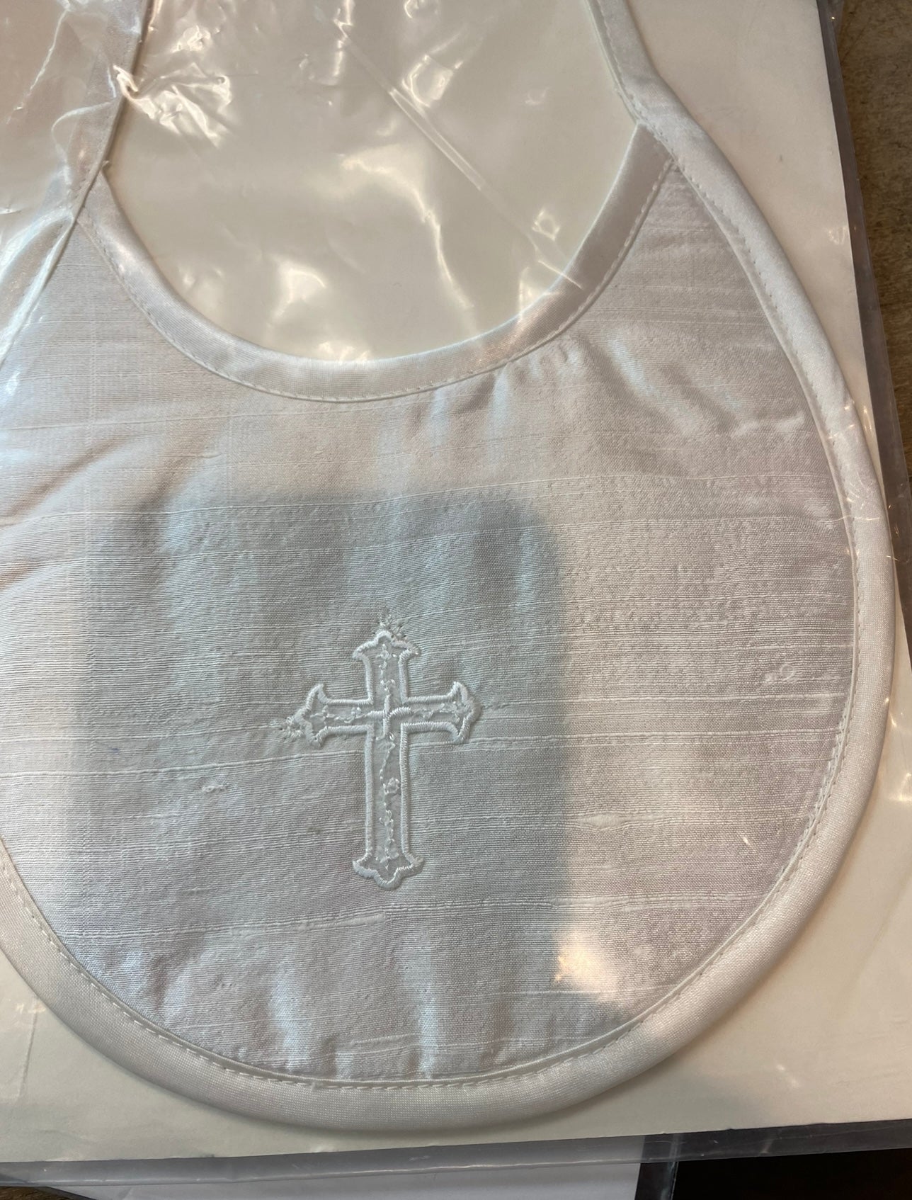 Boys Raw Silk Baptism Bib with Cross by Piccolo Bacio