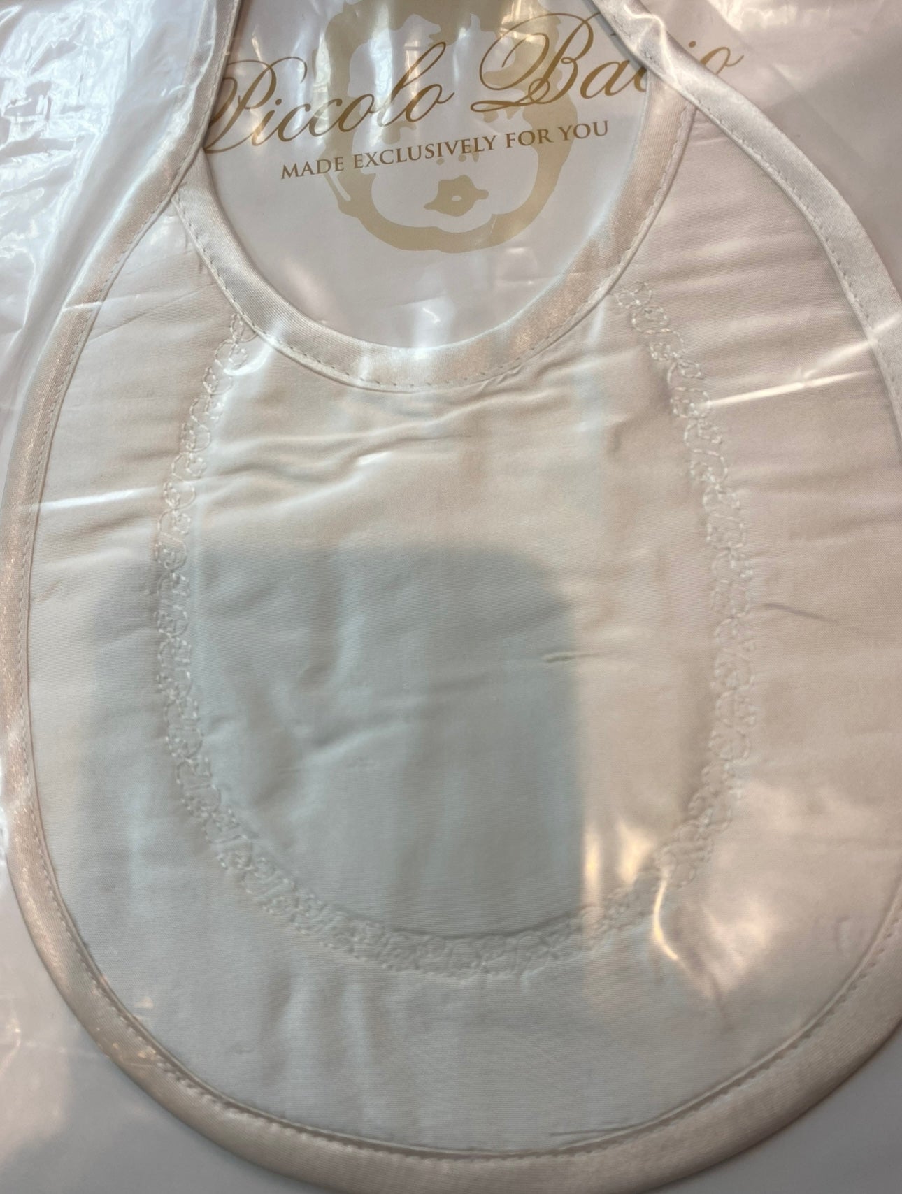 Boys White Silk Baptism Bib with Embroidery detail by Piccolo Bacio