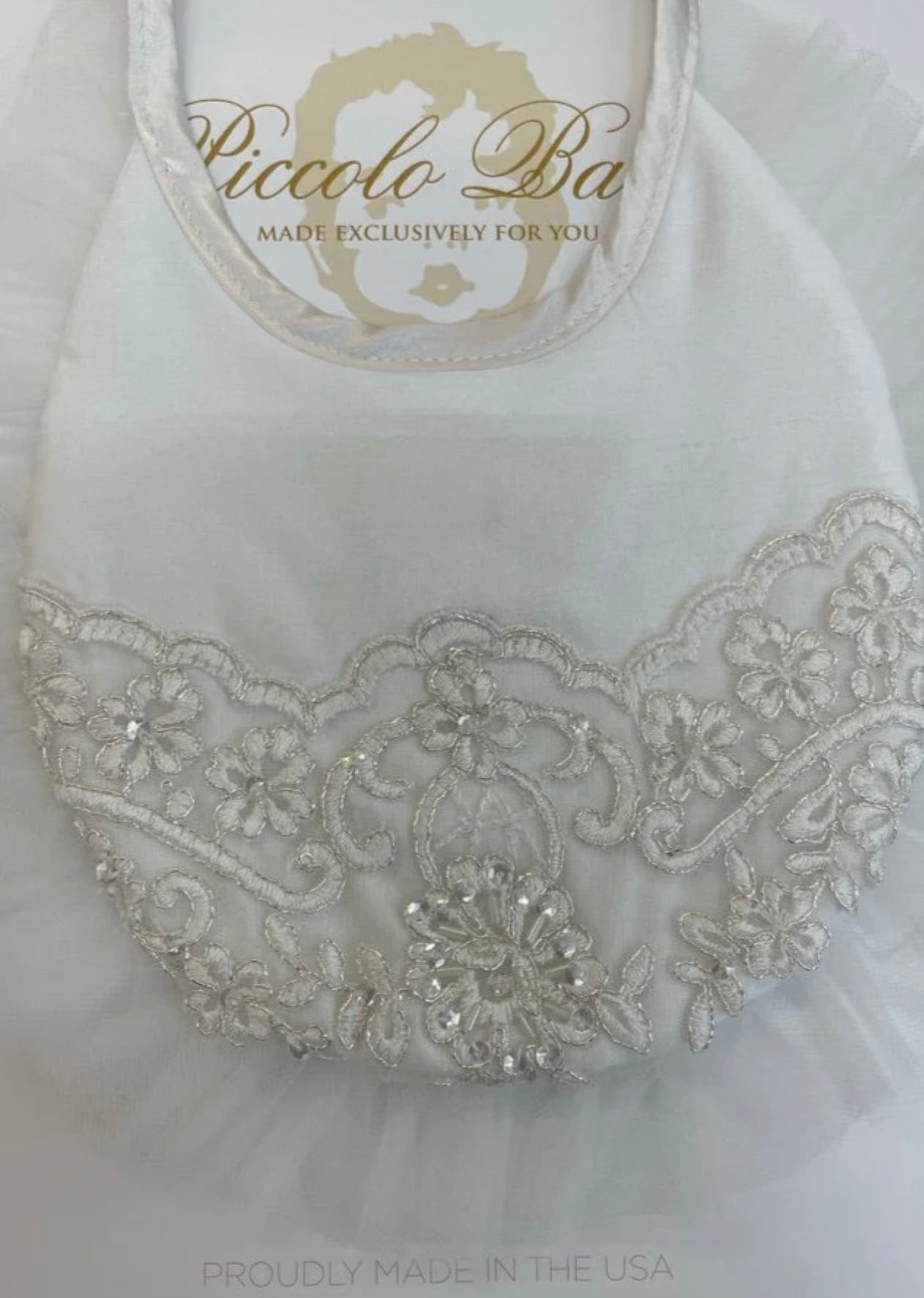 Girls Silk and Metallic Lace Baptism Bib by Piccolo Bacio